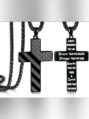 Men's Black Cross Pendant Necklace - Inspirational Engraved